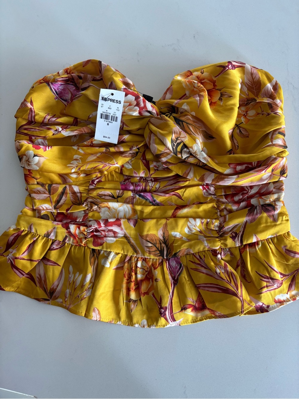 Express Yellow Floral Strapless Peplum Blouse